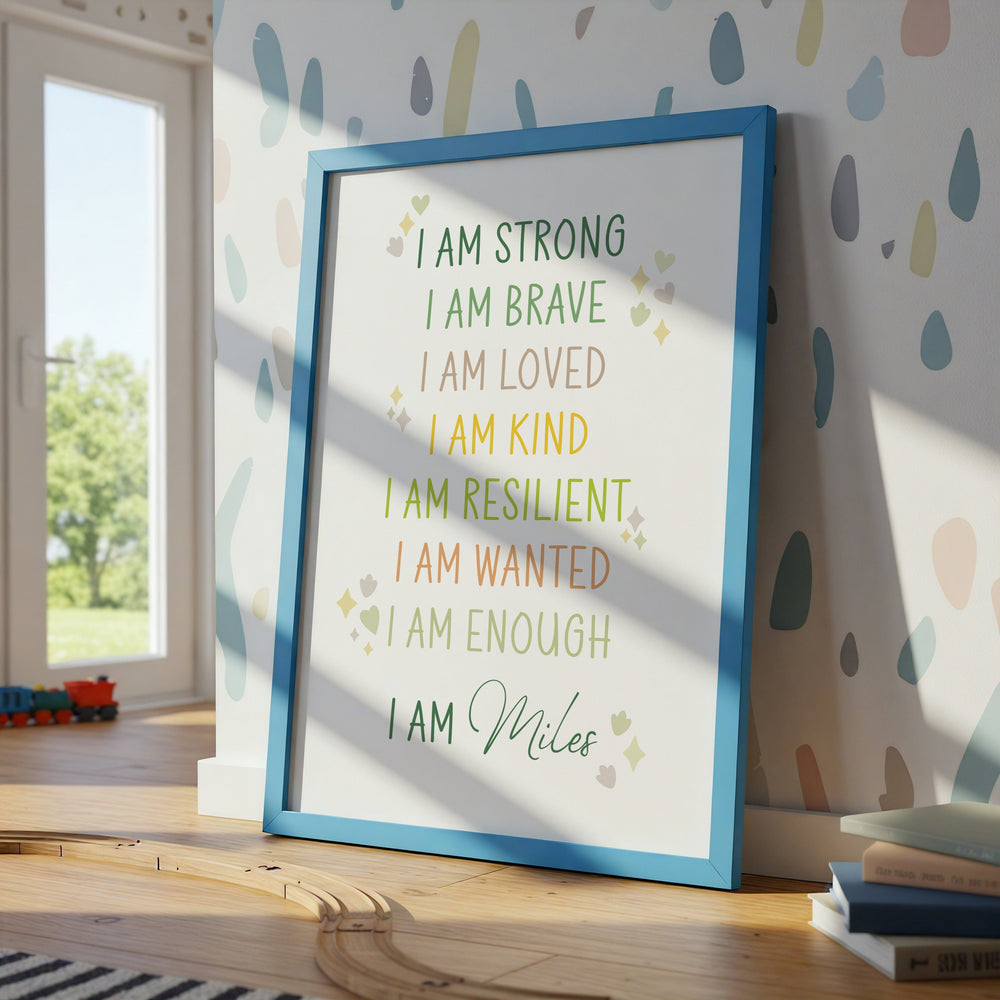 Single green dinosaur print leaning against a wall