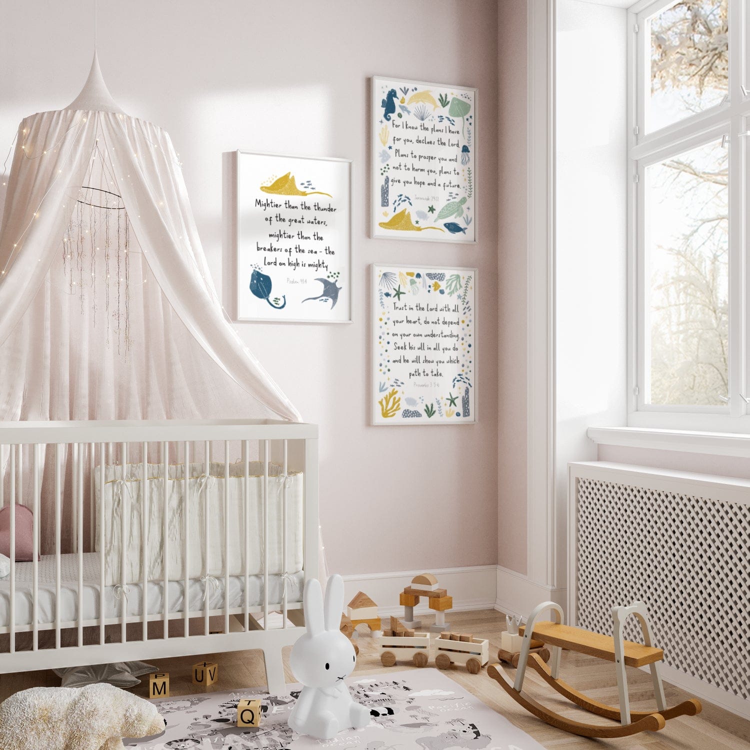 Nursery room with crib, rocking horse, and framed artwork on the wall.