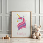 Close-up of framed unicorn print with Bible verse from Isaiah 41:10 – gentle and empowering Christian wall art for girls’ rooms