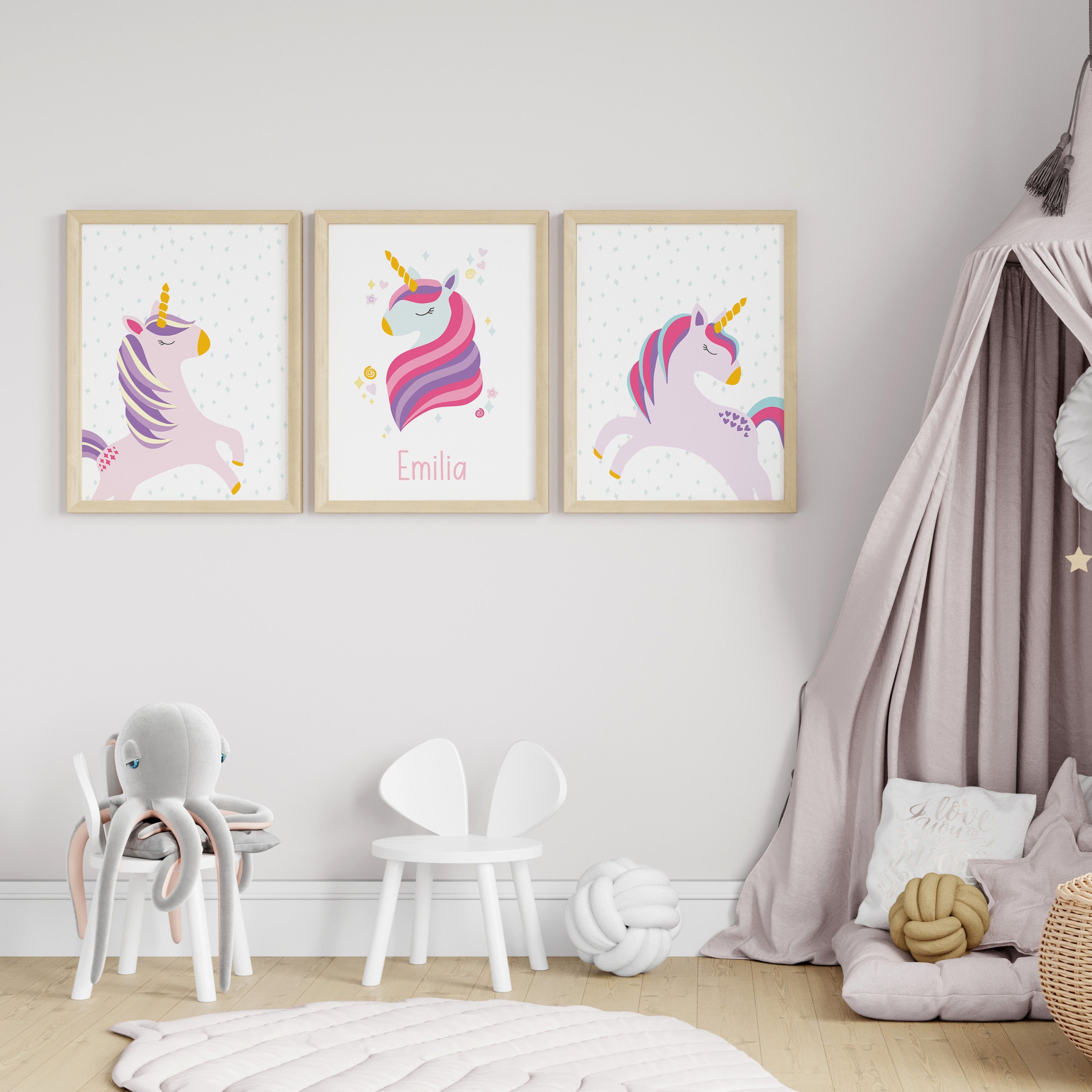 Set of 3 unicorn art prints for girls’ bedroom – includes a personalised name print and two magical affirmation prints by Dolly and Fred