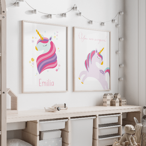 Framed unicorn name print paired with affirmation print in a dreamy girls' bedroom – personalised and positive wall decor for children
