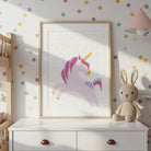 Framed unicorn illustration and I Am affirmation print with pastel polka dots – inspiring art prints for a unicorn-themed girls’ room