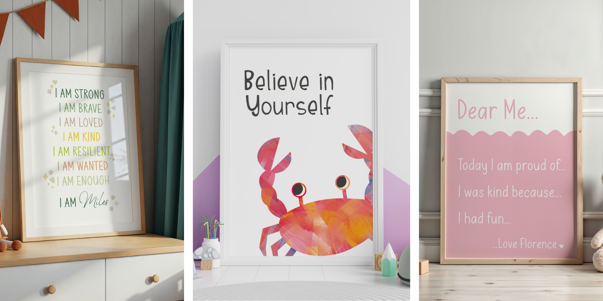Wide banner featuring framed affirmation prints for children, including “Dear Me,” “I Am” statements, and cheerful animal-themed messages, displayed in playful and calming kids' rooms.