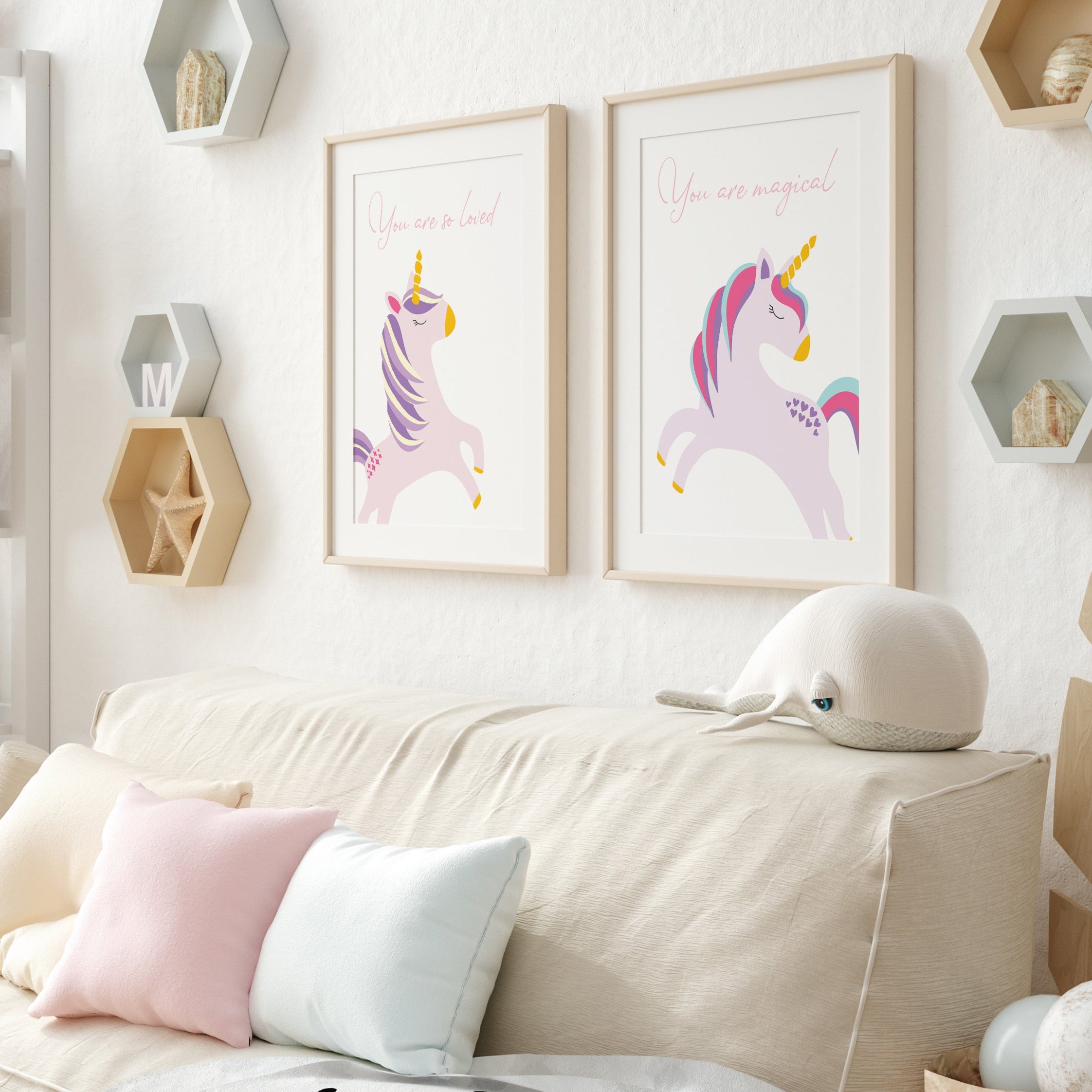 Set of two unicorn illustration prints with soft pastel tones – whimsical wall art for children’s bedrooms or unicorn-themed nurseries