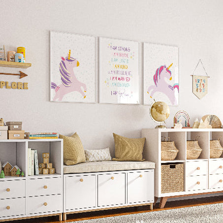 Children's playroom with white storage units, colorful decor, and toys.