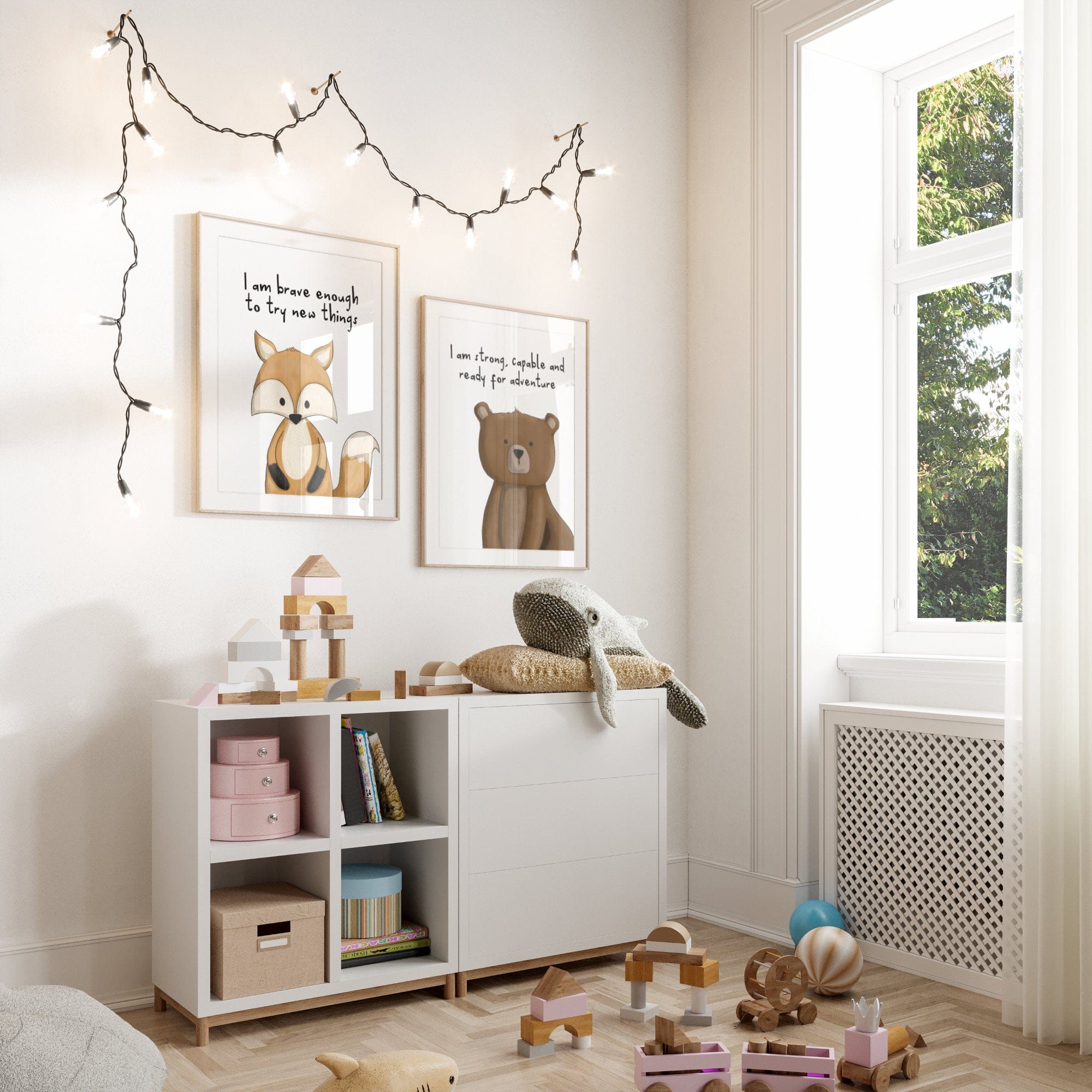 Children's room with white bookshelf, toys, and framed animal prints on a light-colored wall.