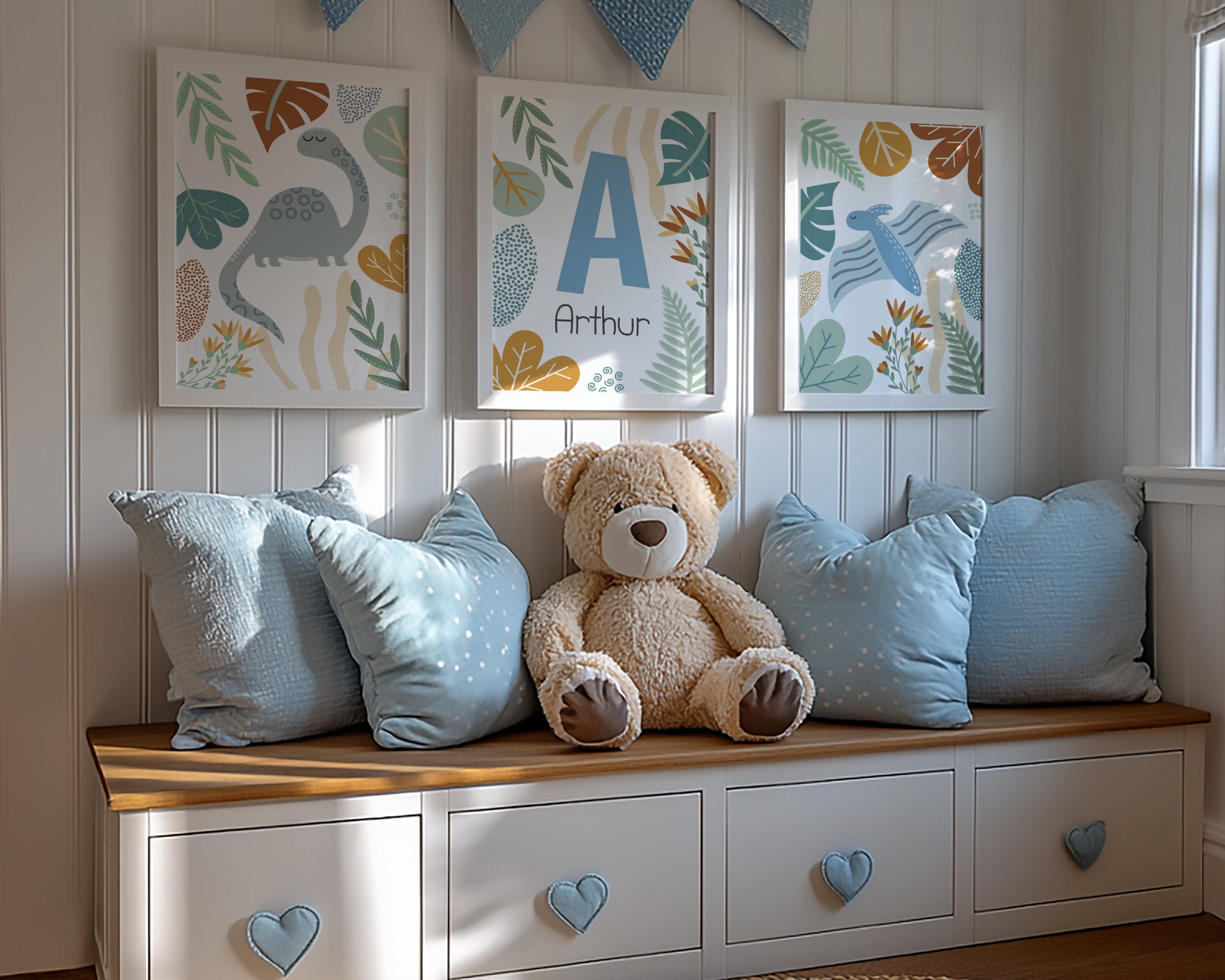 Children's room with a bench, teddy bear, and  blue dinosaur themed wall art