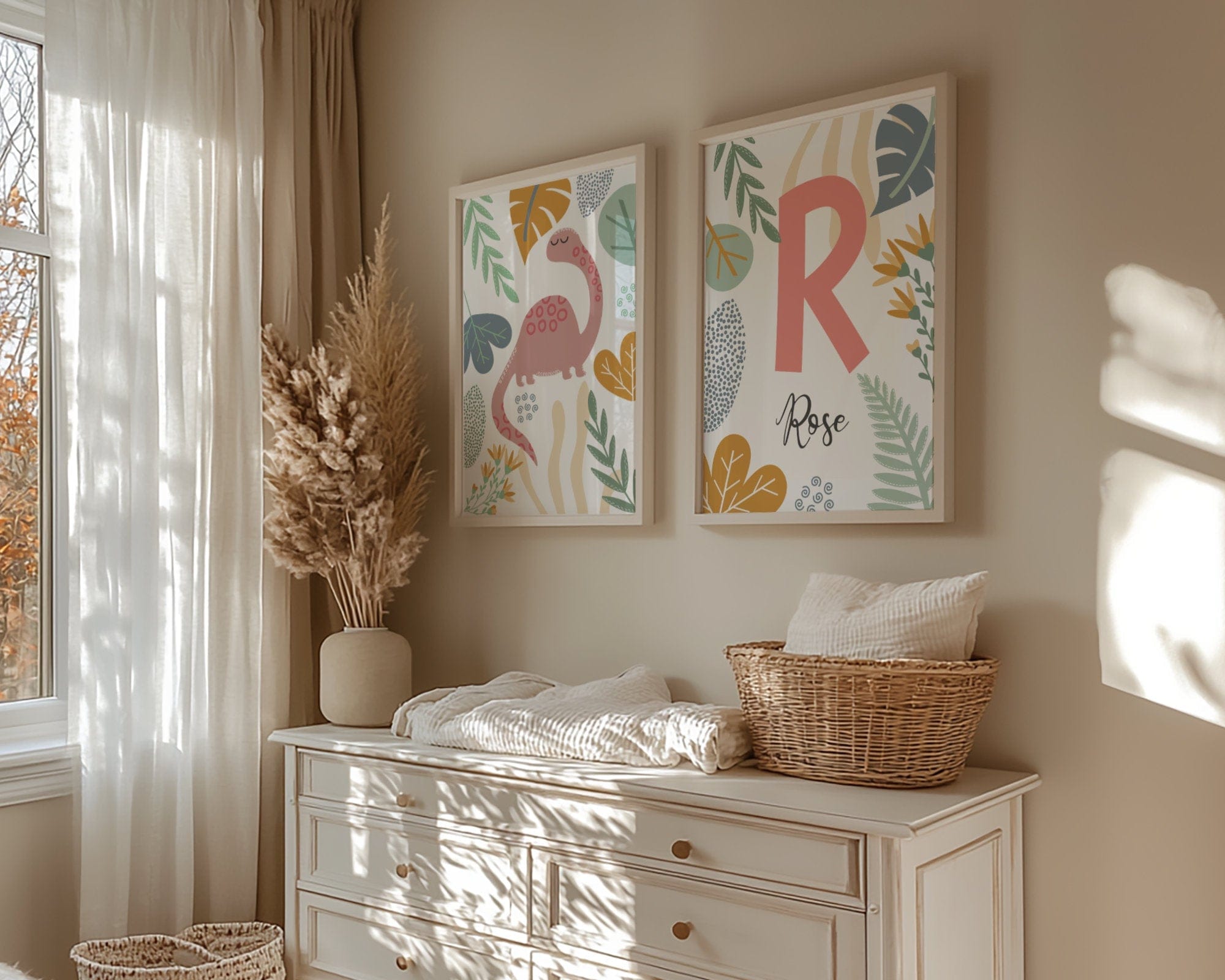 Room interior with a dresser, decorative items, and neutral dinosaur wall art.