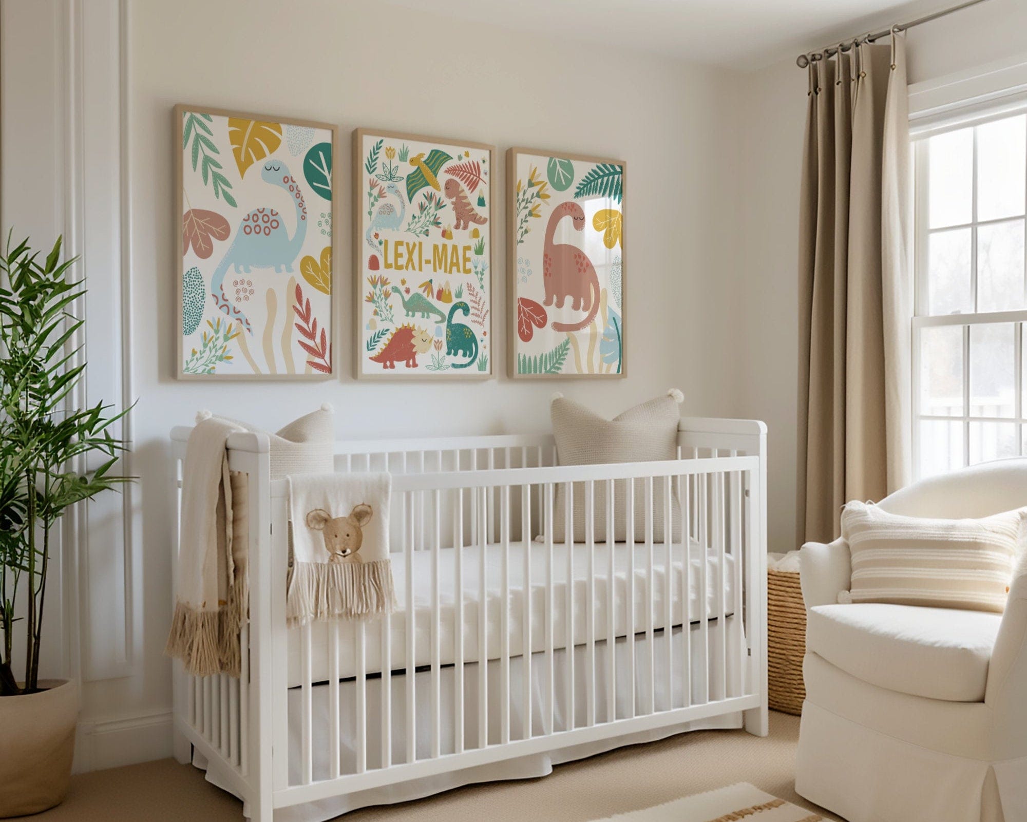 Nursery room with a white crib, colorful wall art, and decorative elements.