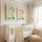 Nursery room with white crib, dinosaur-themed wall art, and natural decor.