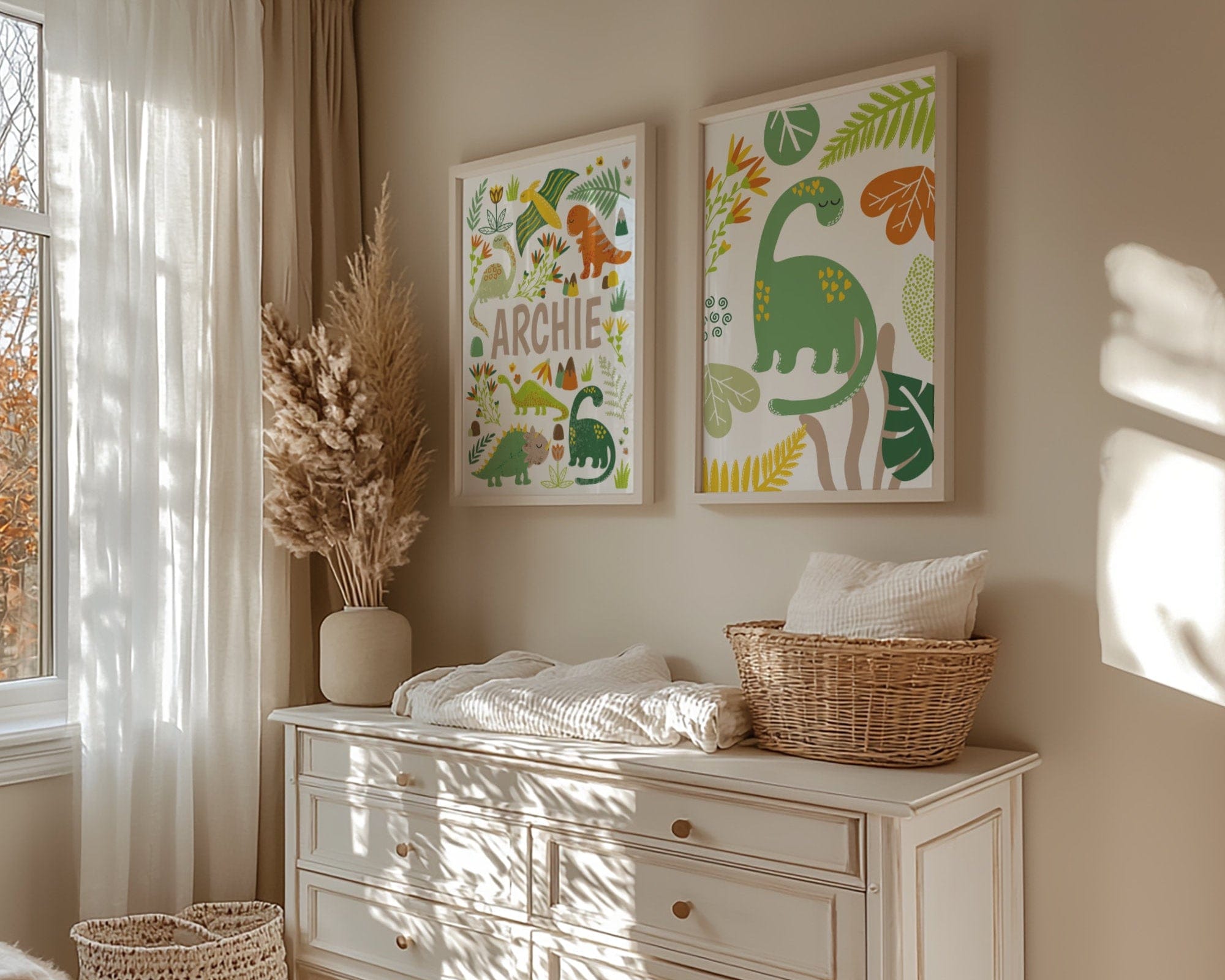 Children's room with framed dinosaur artwork, a dresser, and decorative items.