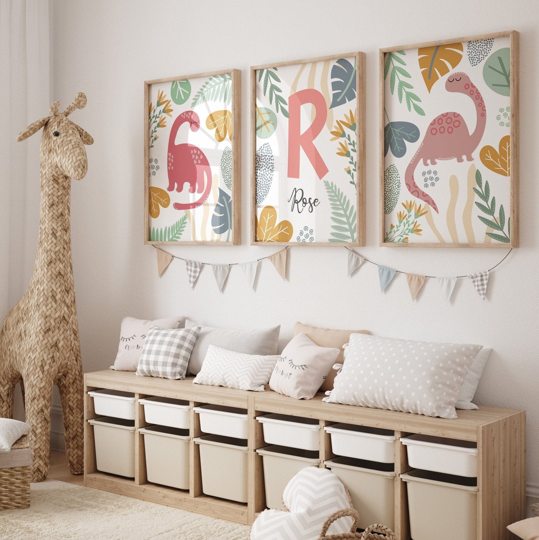 Children's room with dinosaur-themed wall art, storage bench, and large stuffed giraffe.