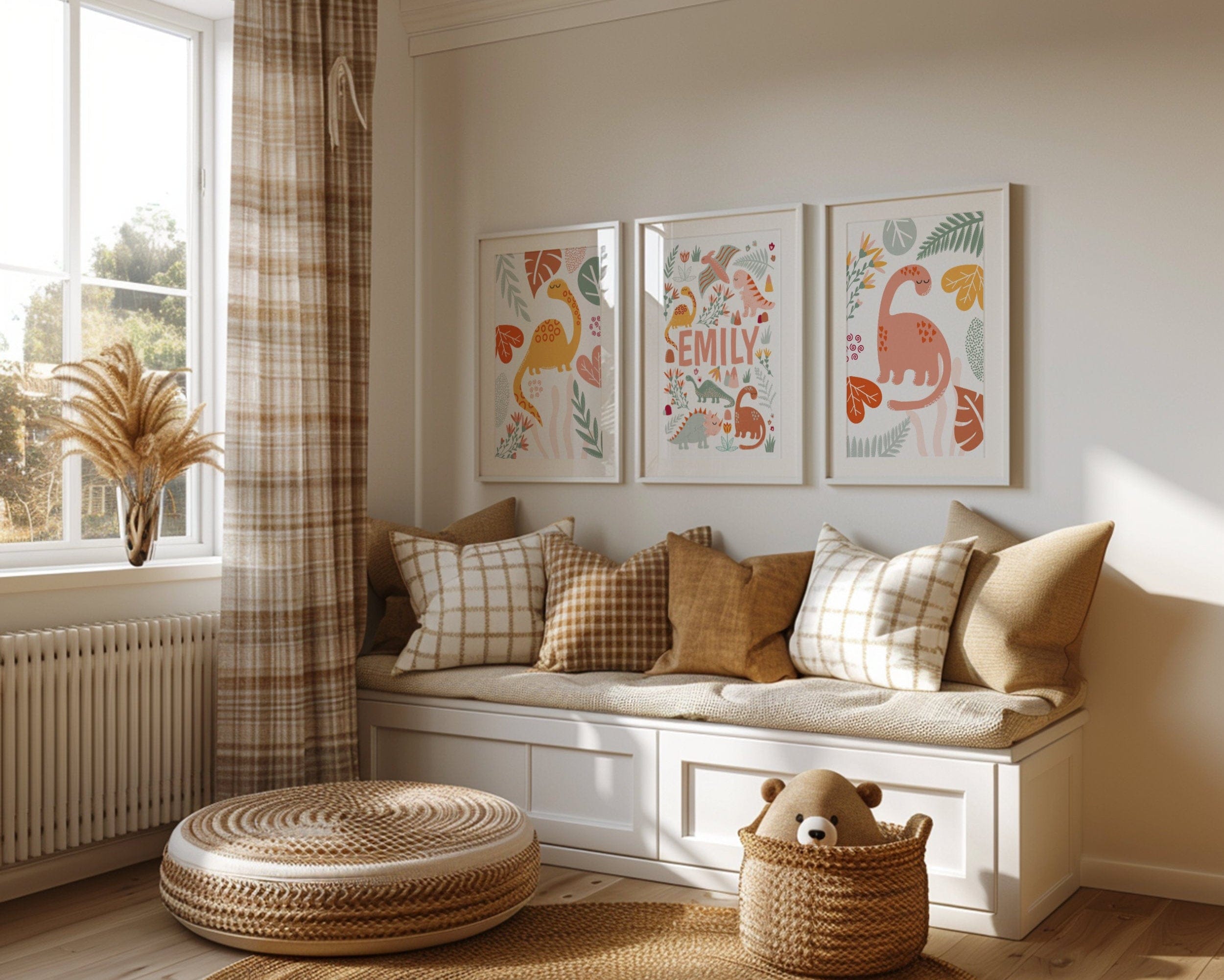 Nook with cushions, a teddy bear, and framed dinosaur artwork in a bright room.