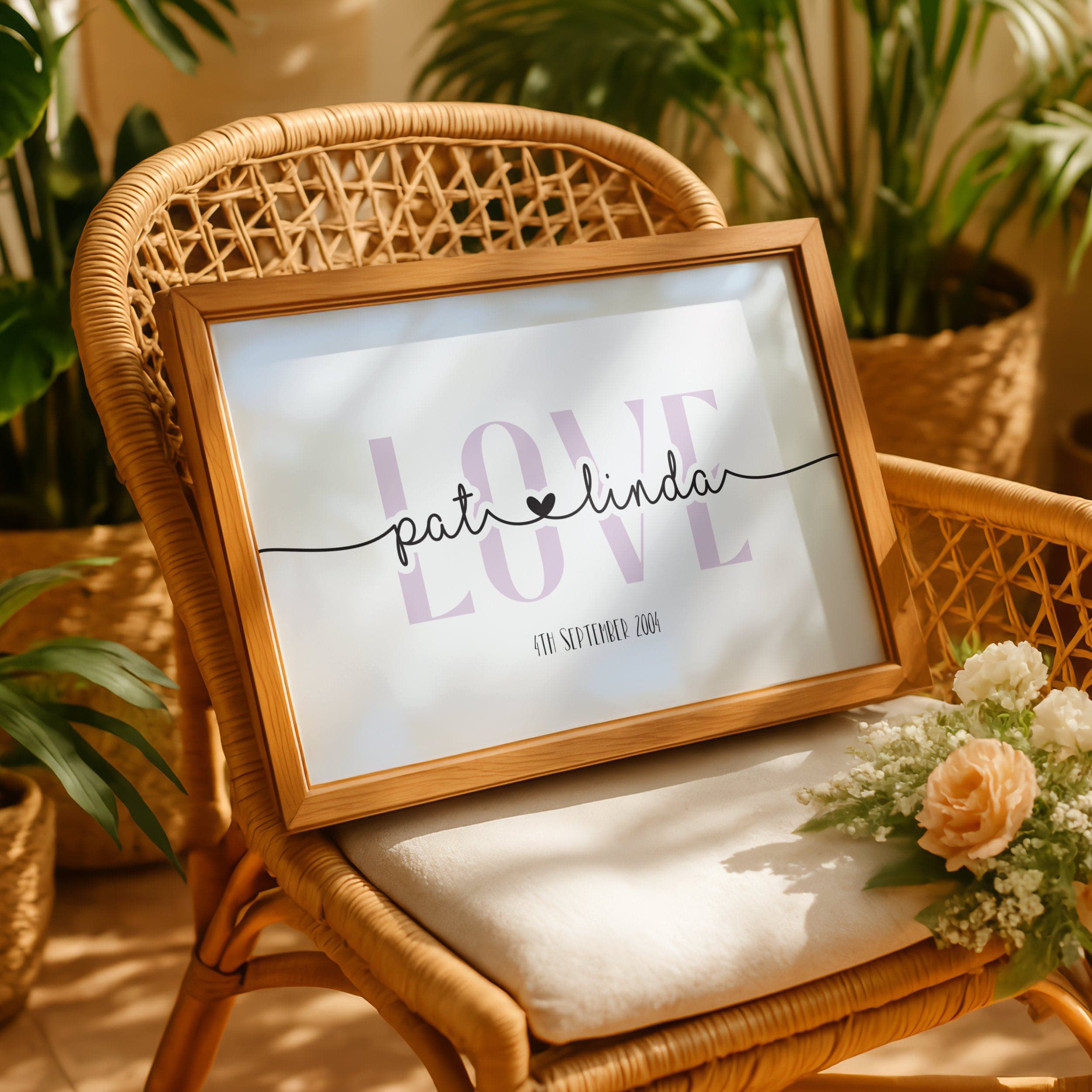 Framed picture with 'LOVE' and 'pat & linda' text on a wicker chair with plants in the background