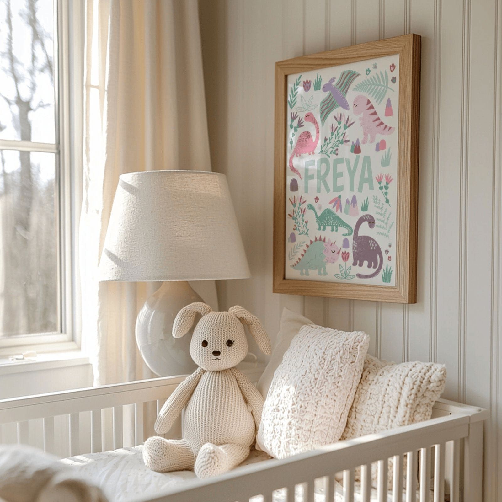 Nursery room with a crib, stuffed animal, lamp, and framed artwork on the wall.