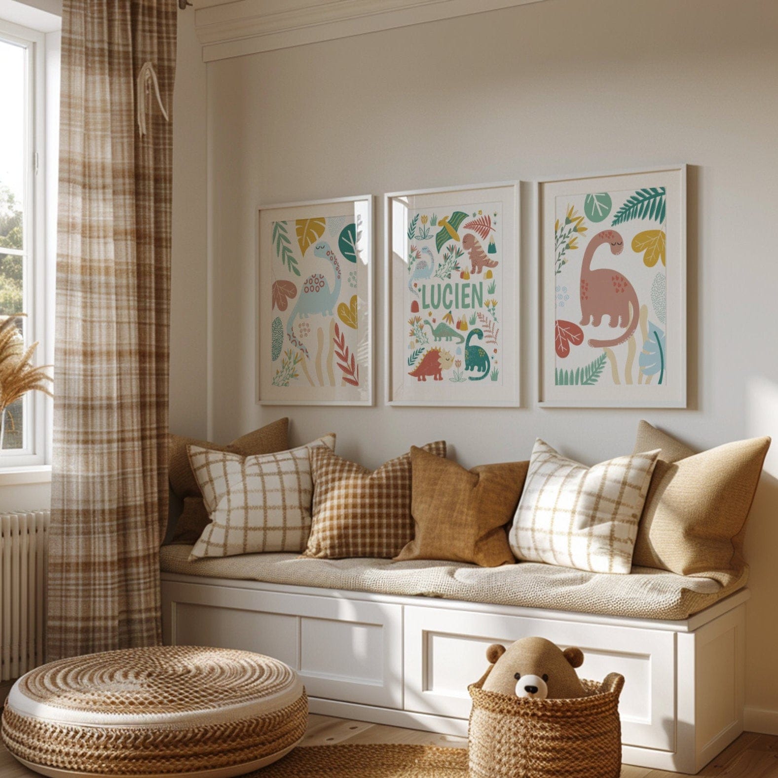 Nook with cushions, a teddy bear, and dinosaur wall art in a bright room.