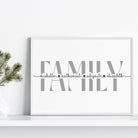 Framed artwork with 'FAMILY' and names on a white wall.