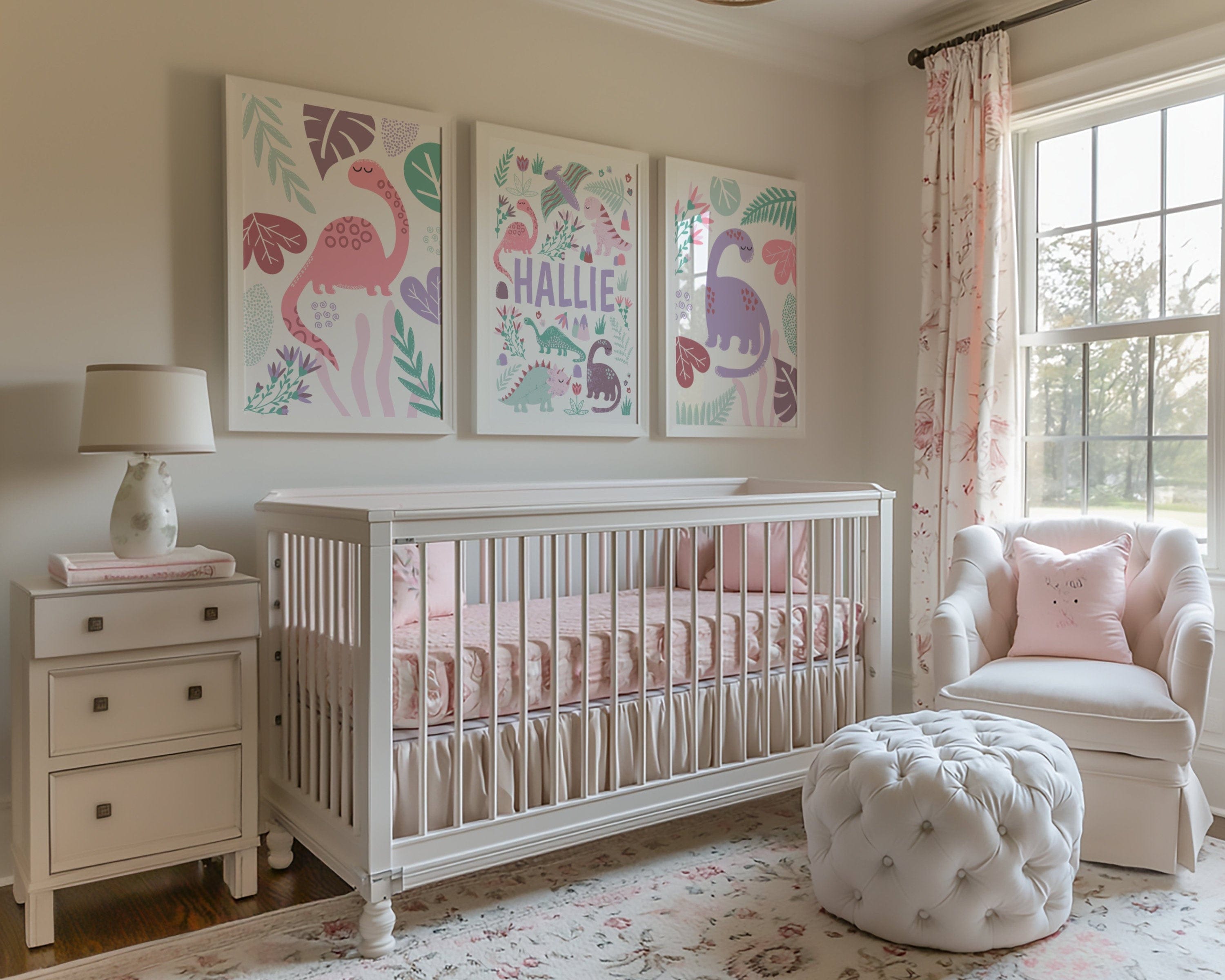 Nursery room with white crib, decorative wall art, and pink accents.