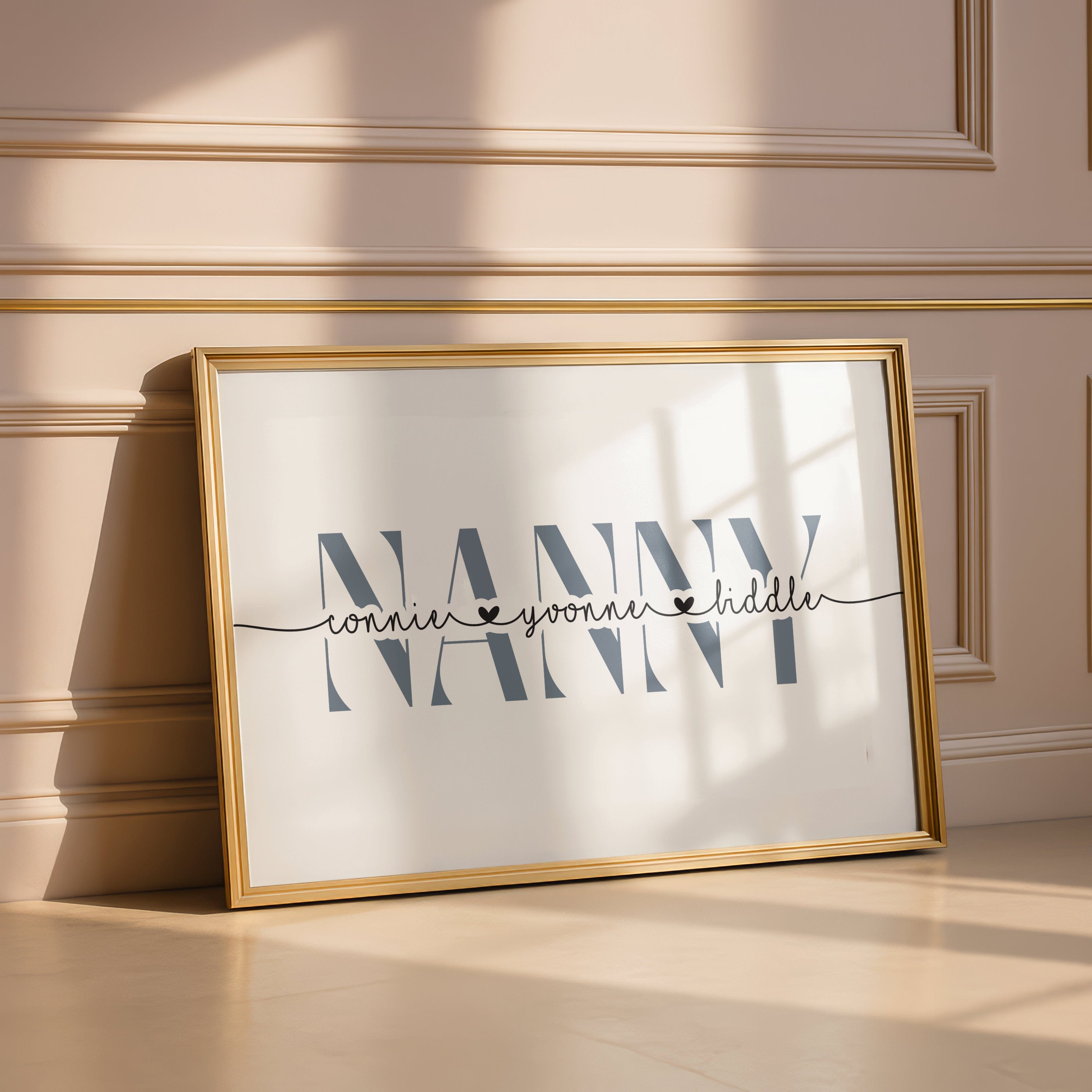 Framed artwork with the word 'Nanny' on a beige wall.