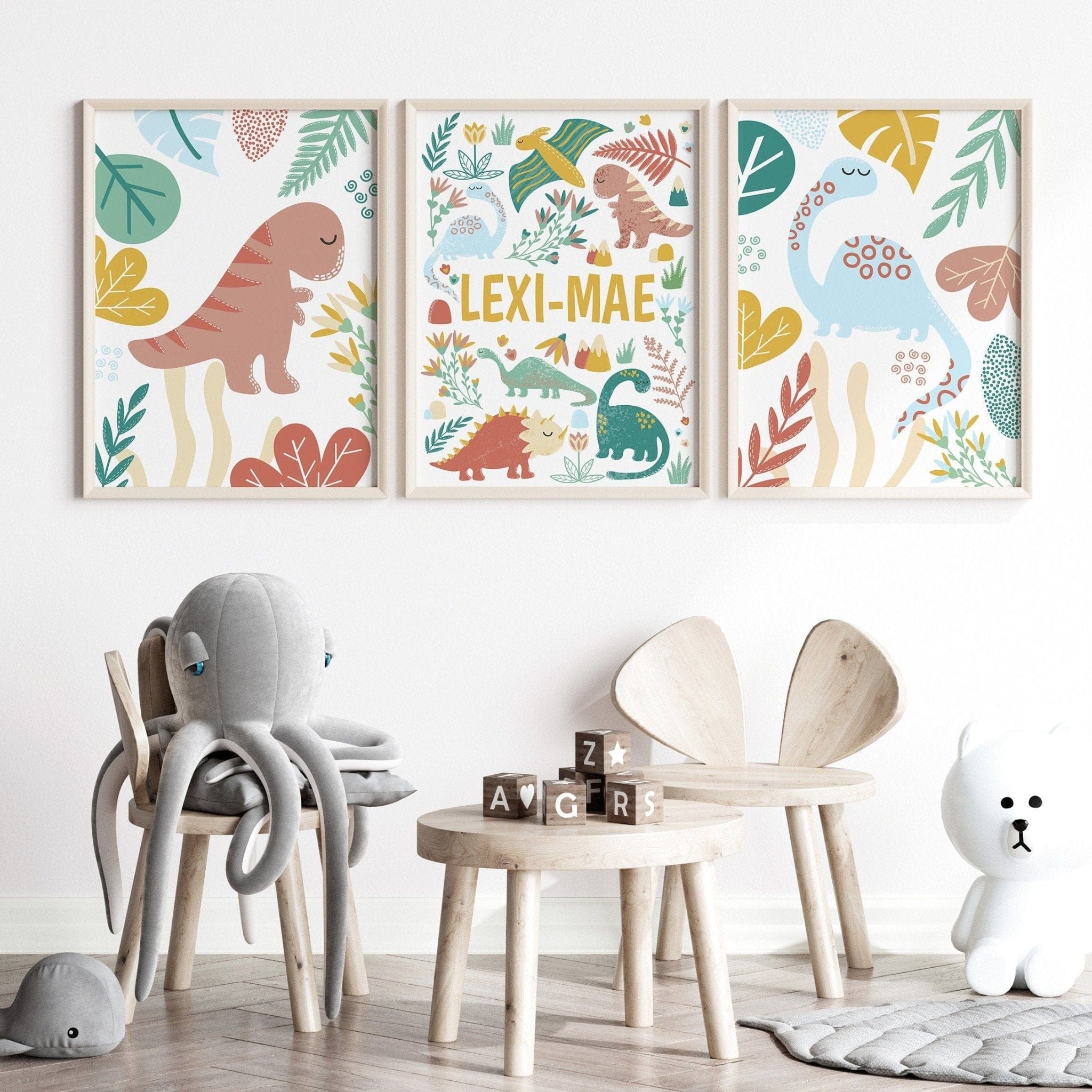 Children's room with dinosaur-themed wall art, wooden furniture, and plush toys.