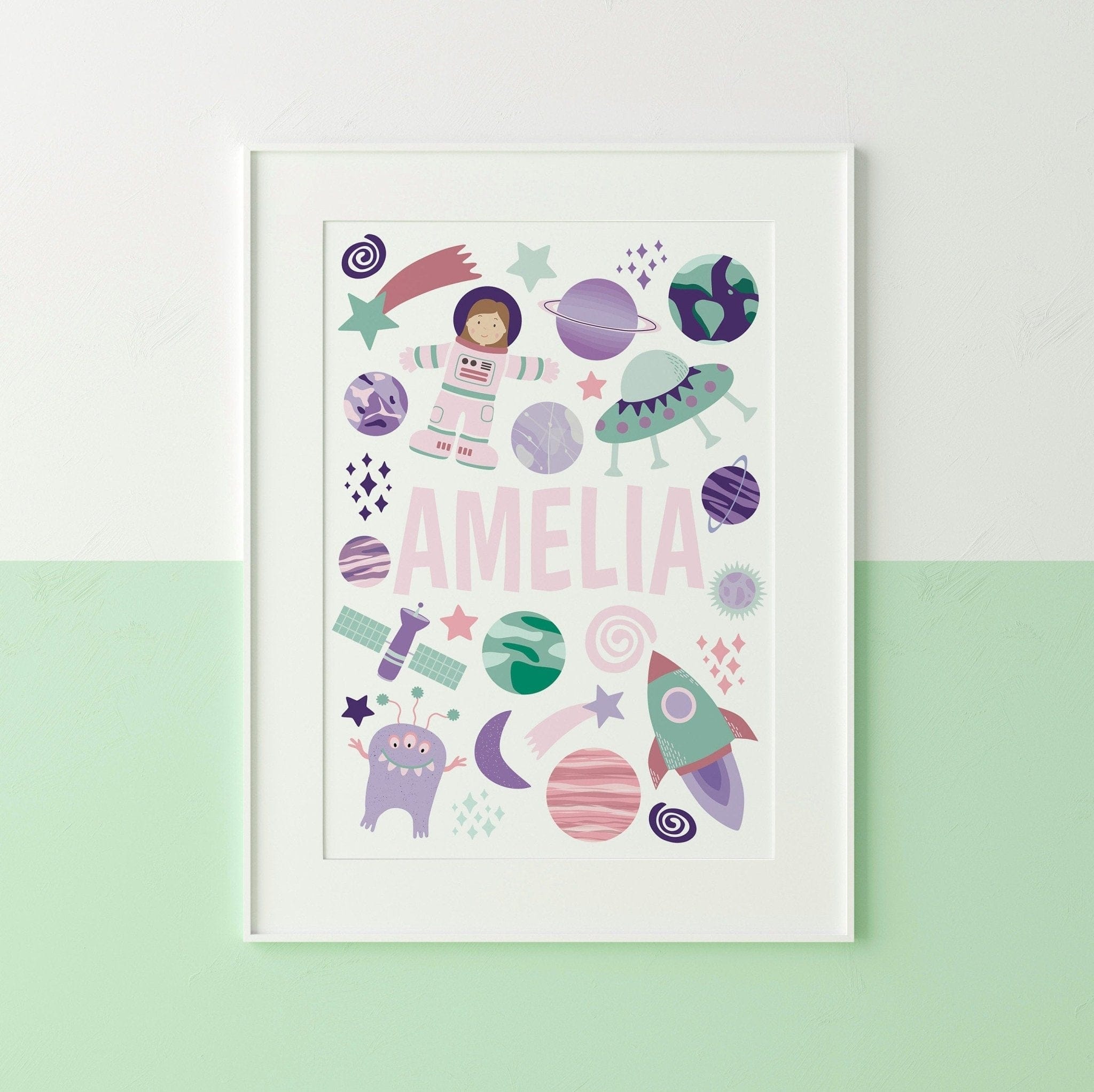 Pink Astronaut Name Nursery Print - Dolly and Fred Designs