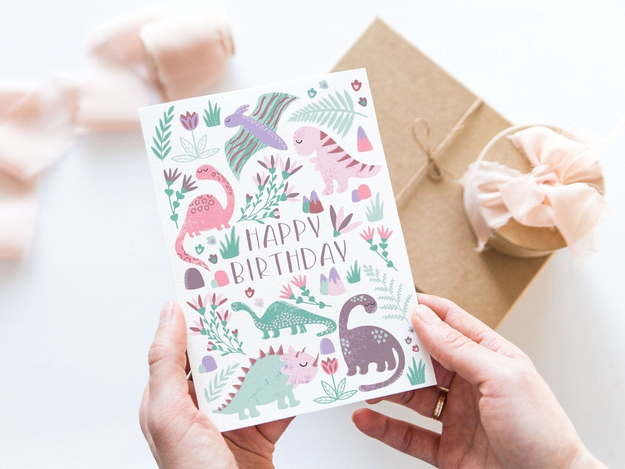 Pink Dinosaur Birthday Card - Dolly and Fred Designs