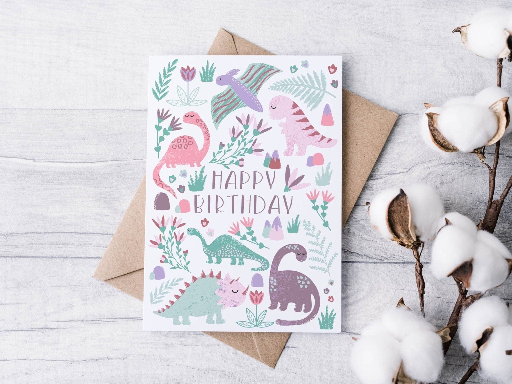 Pink Dinosaur Birthday Card - Dolly and Fred Designs