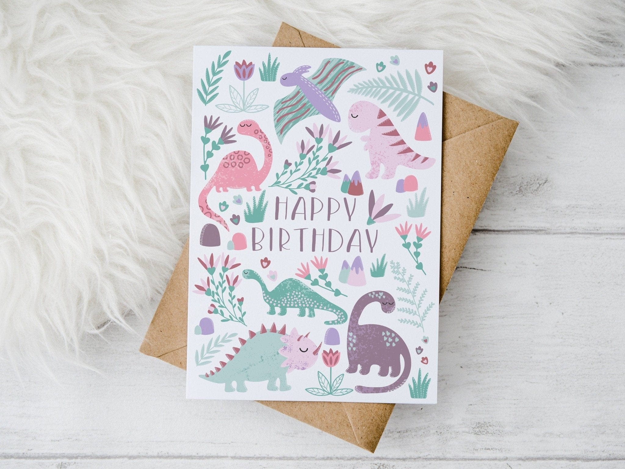 Pink Dinosaur Birthday Card - Dolly and Fred Designs