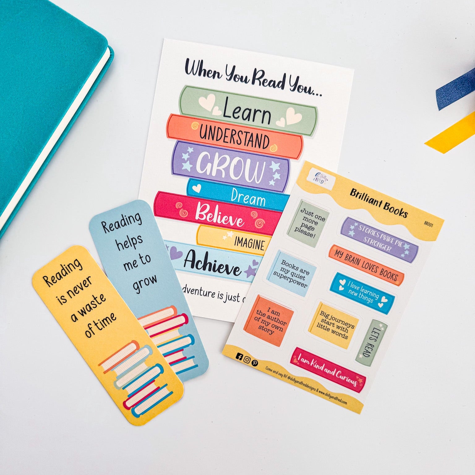 Flat lay of reading encouragement bundle with A5 print, affirmation bookmark, and sticker sheet.