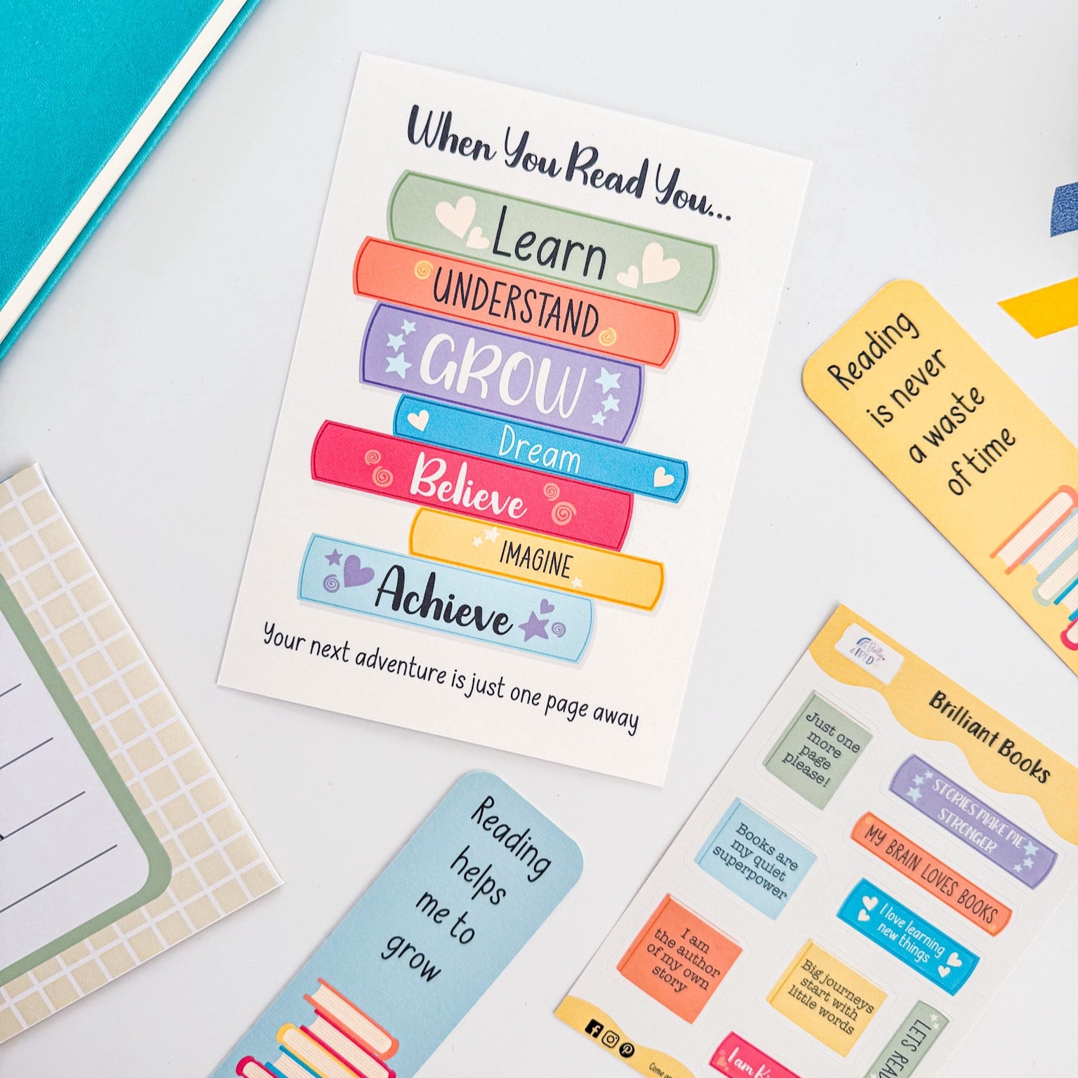 Close-up of reading gift set for kids featuring colourful affirmation print and bookmark.