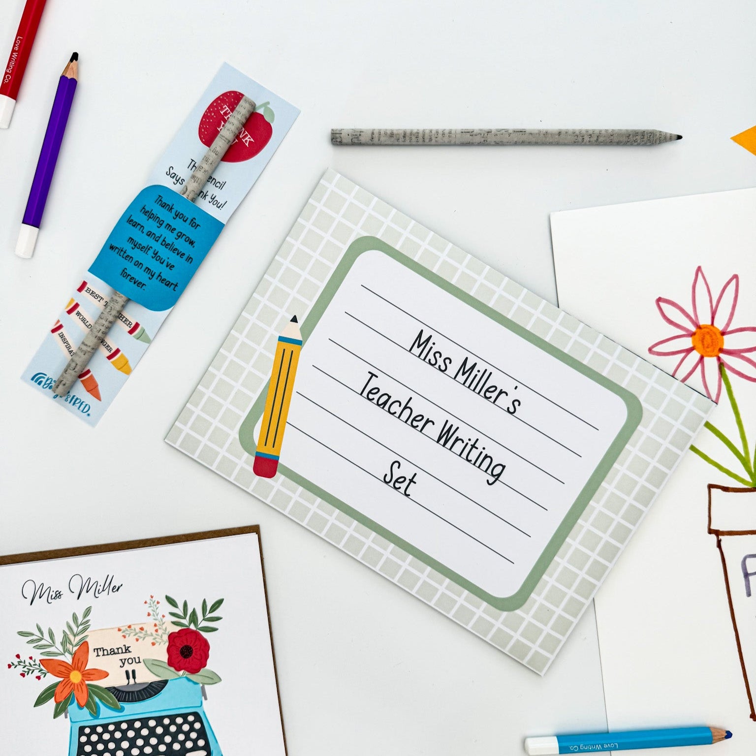 Close-up of personalised envelope addressed to a teacher in the writing gift set.