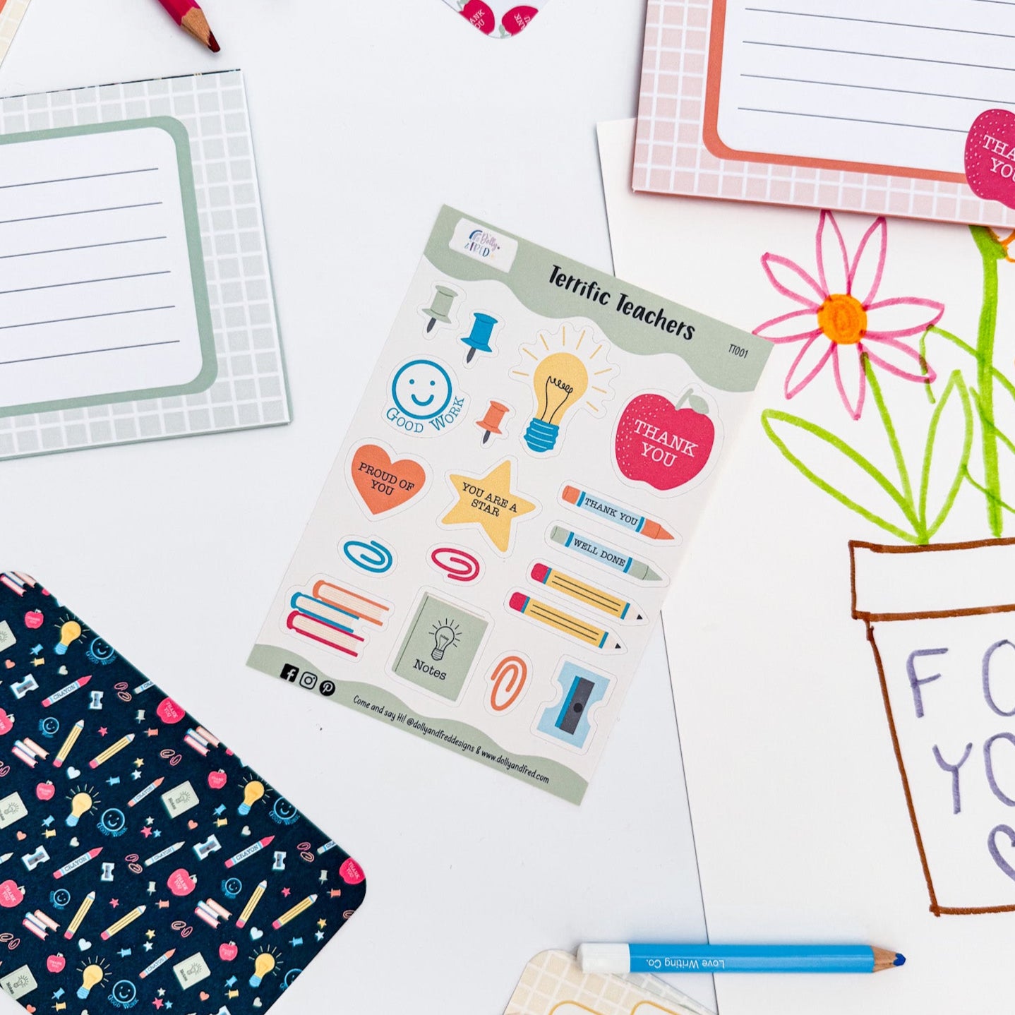 Sticker sheet from teacher writing set featuring bright school-themed icons.