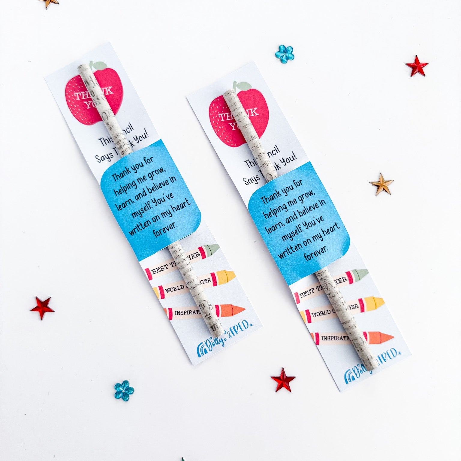 Two thank-you teacher pencils with colourful packaging and uplifting messages, styled with scattered stars on a white background.