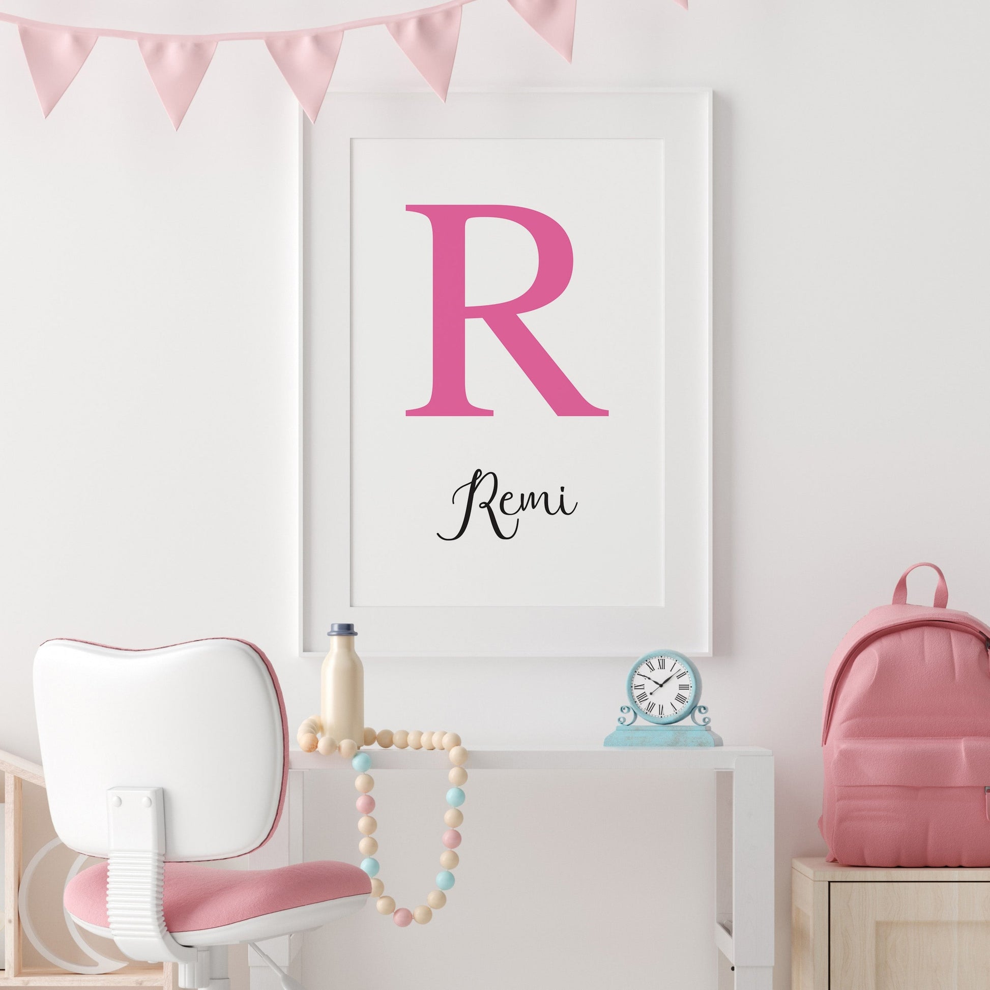 Bright pink nursery monogram print with script name underneath - Dolly and Fred