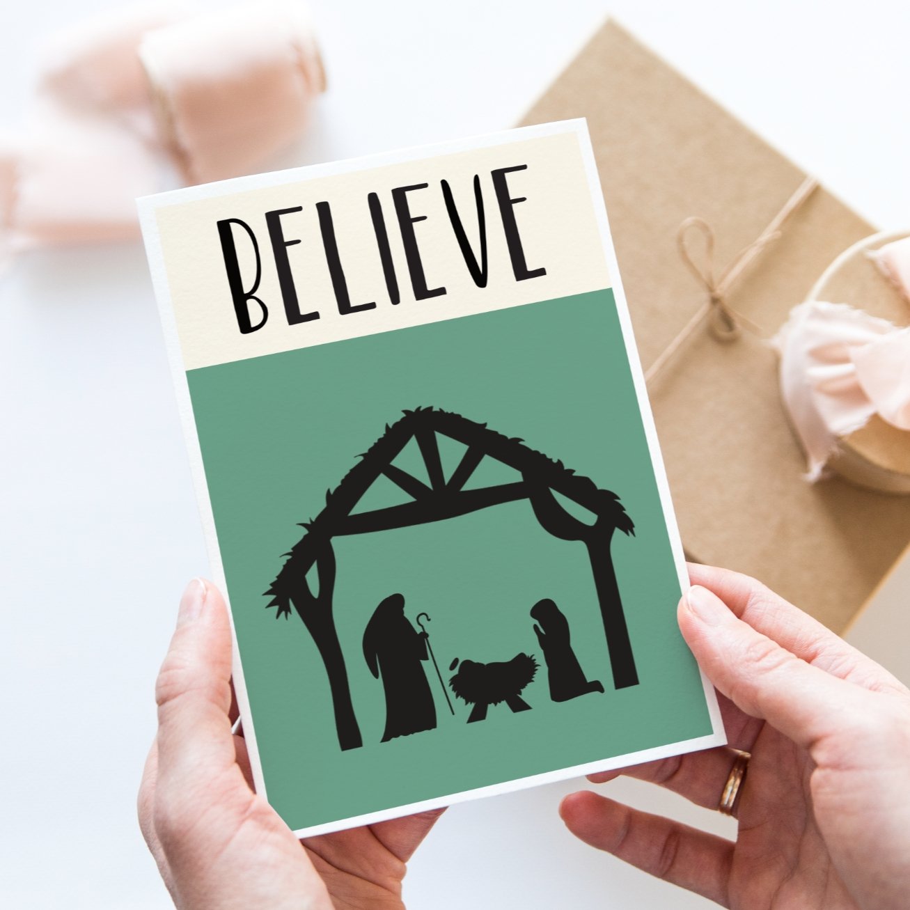 Believe Nativity scene christmas card - Dolly and Fred Designs