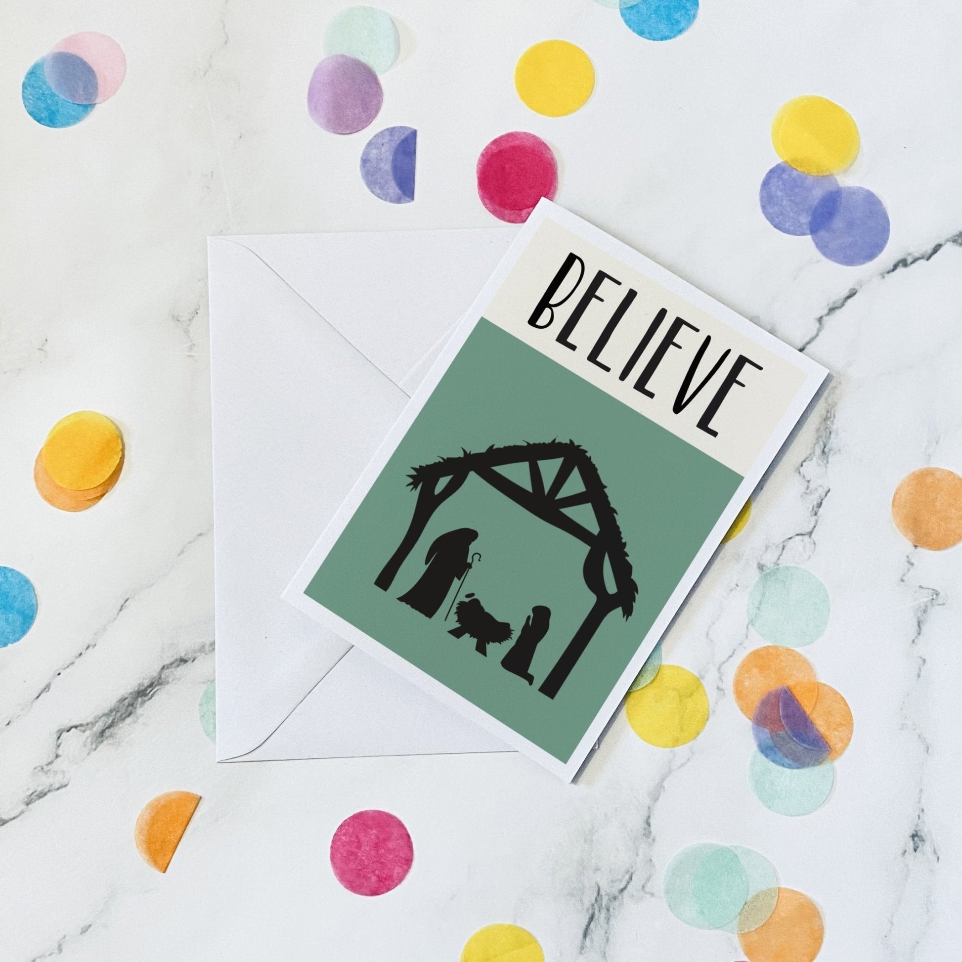 Believe Nativity scene christmas card - Dolly and Fred Designs