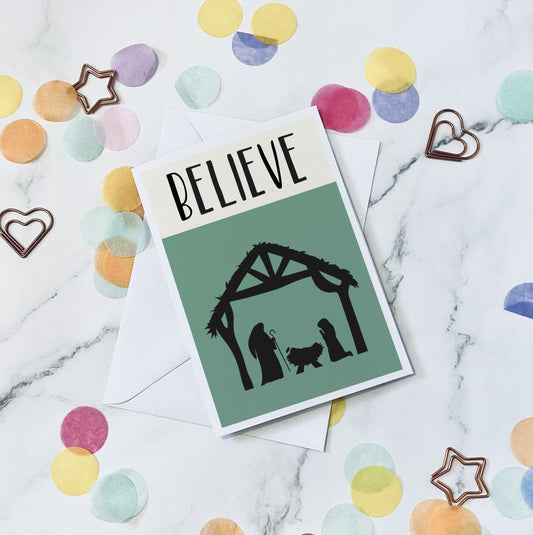 Believe Nativity scene christmas card - Dolly and Fred Designs
