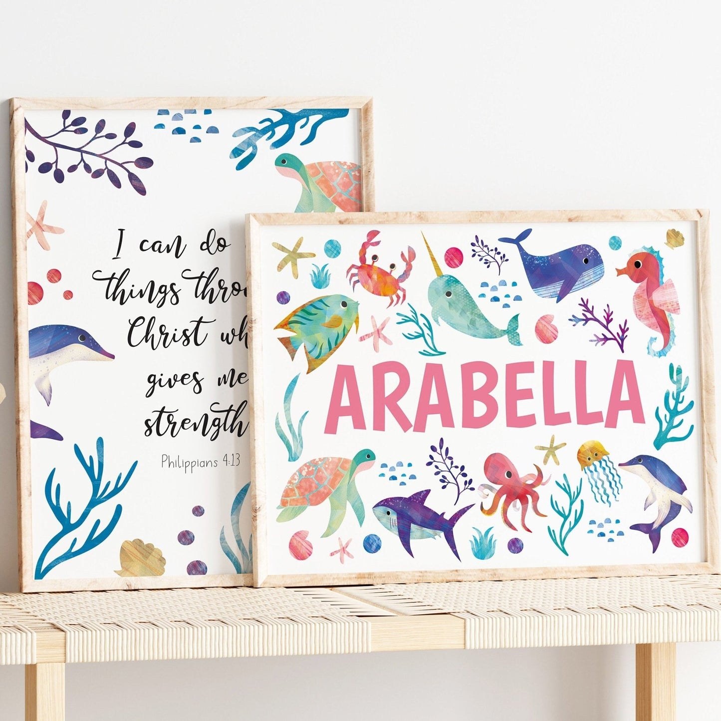 Bright Ocean Animals Bible Verse Nursery Print set - Dolly and Fred Designs