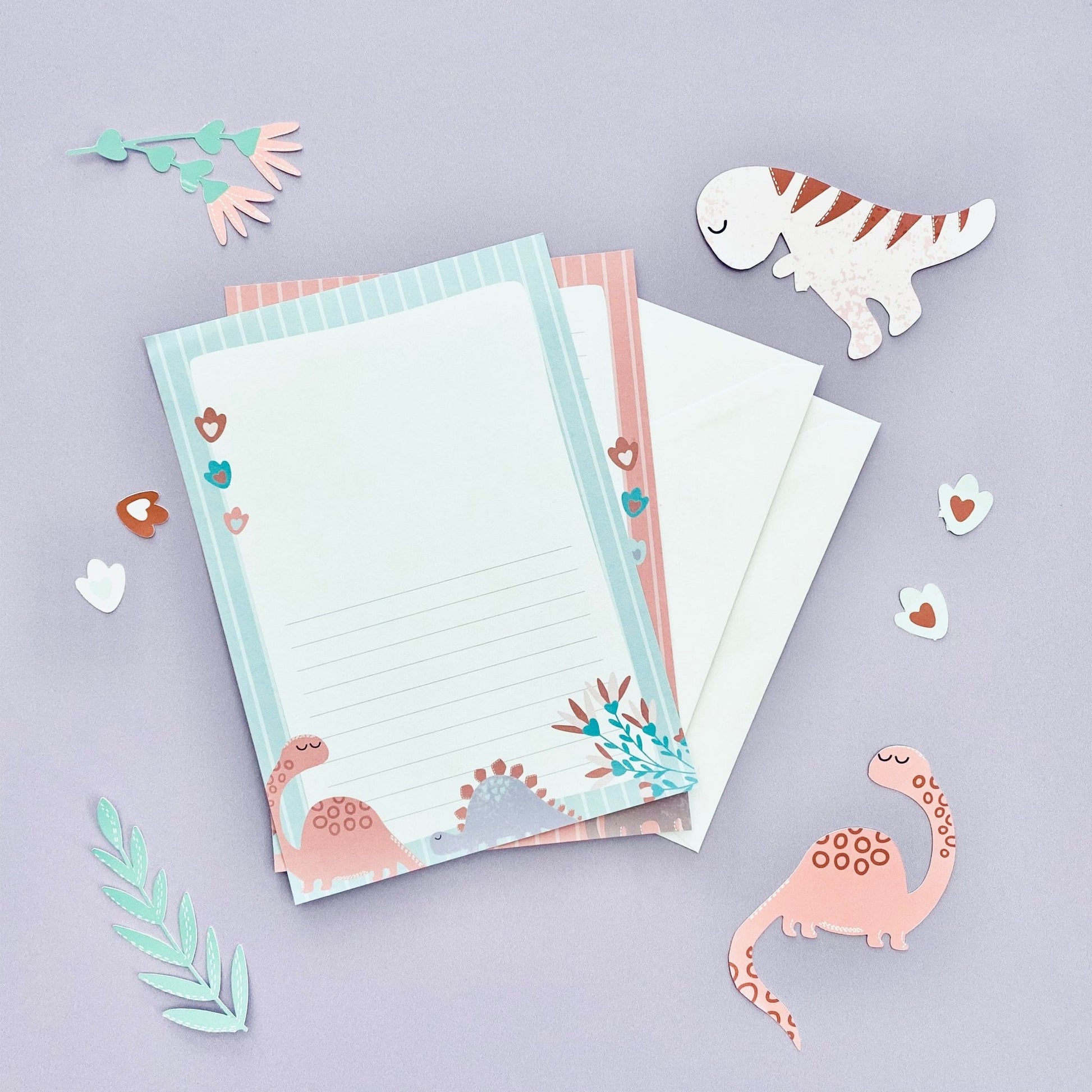 Childrens pink dinosaur letter writing set - Dolly and Fred Designs