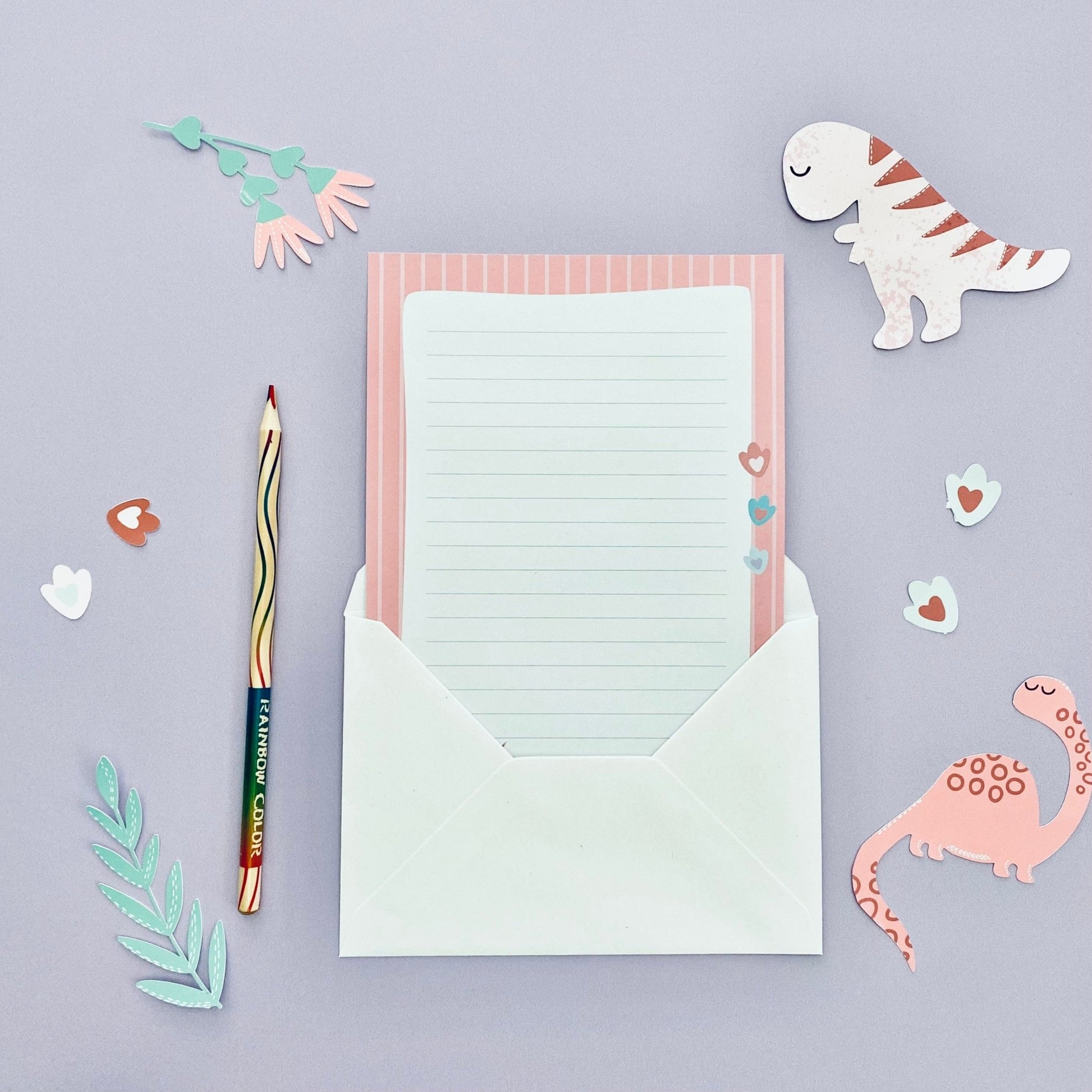 Childrens pink dinosaur letter writing set - Dolly and Fred Designs