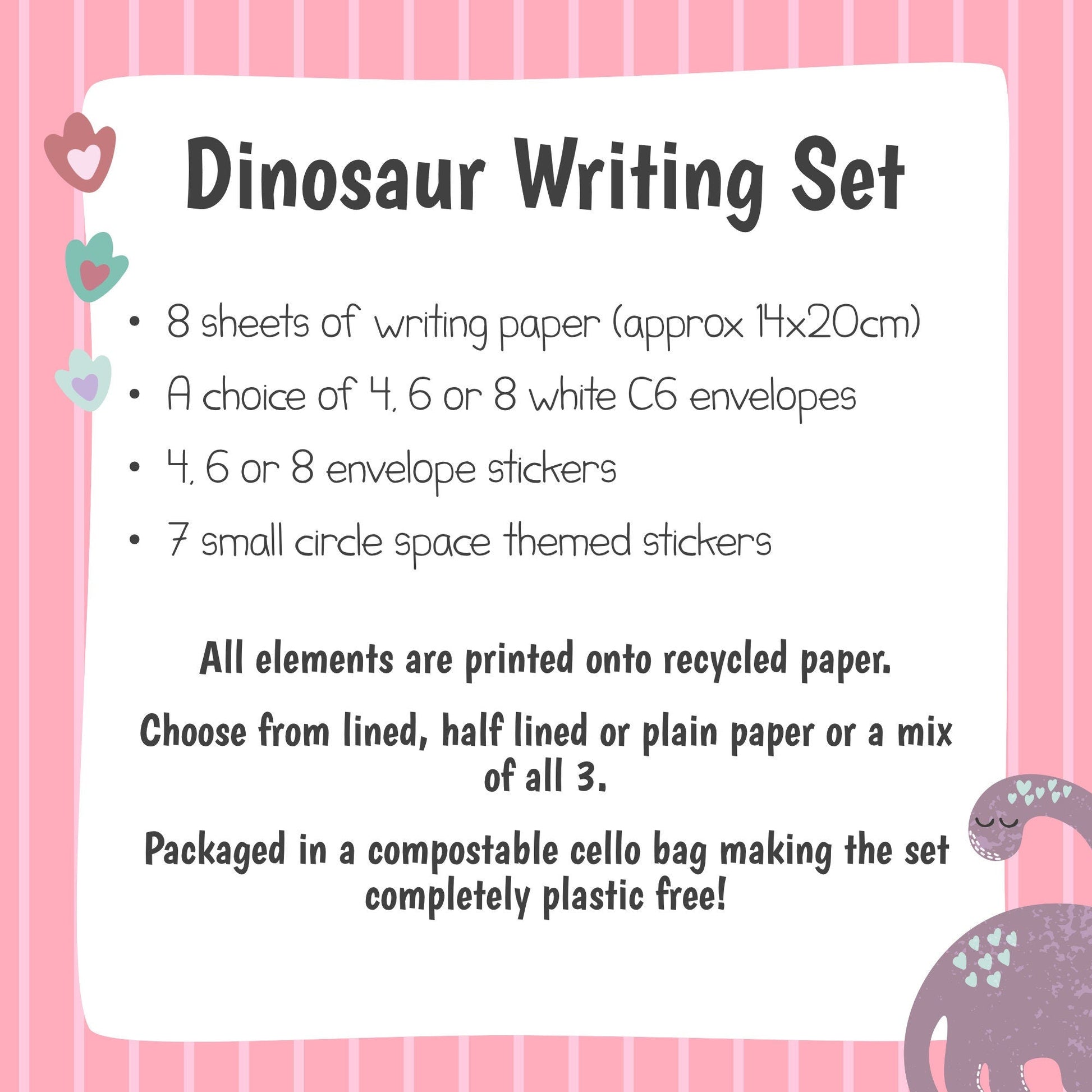 Childrens pink dinosaur letter writing set - Dolly and Fred Designs