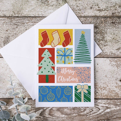 Christmas Card Pack, pack of 5 seasonal greetings cards, bright card mulit pack - Dolly and Fred Designs