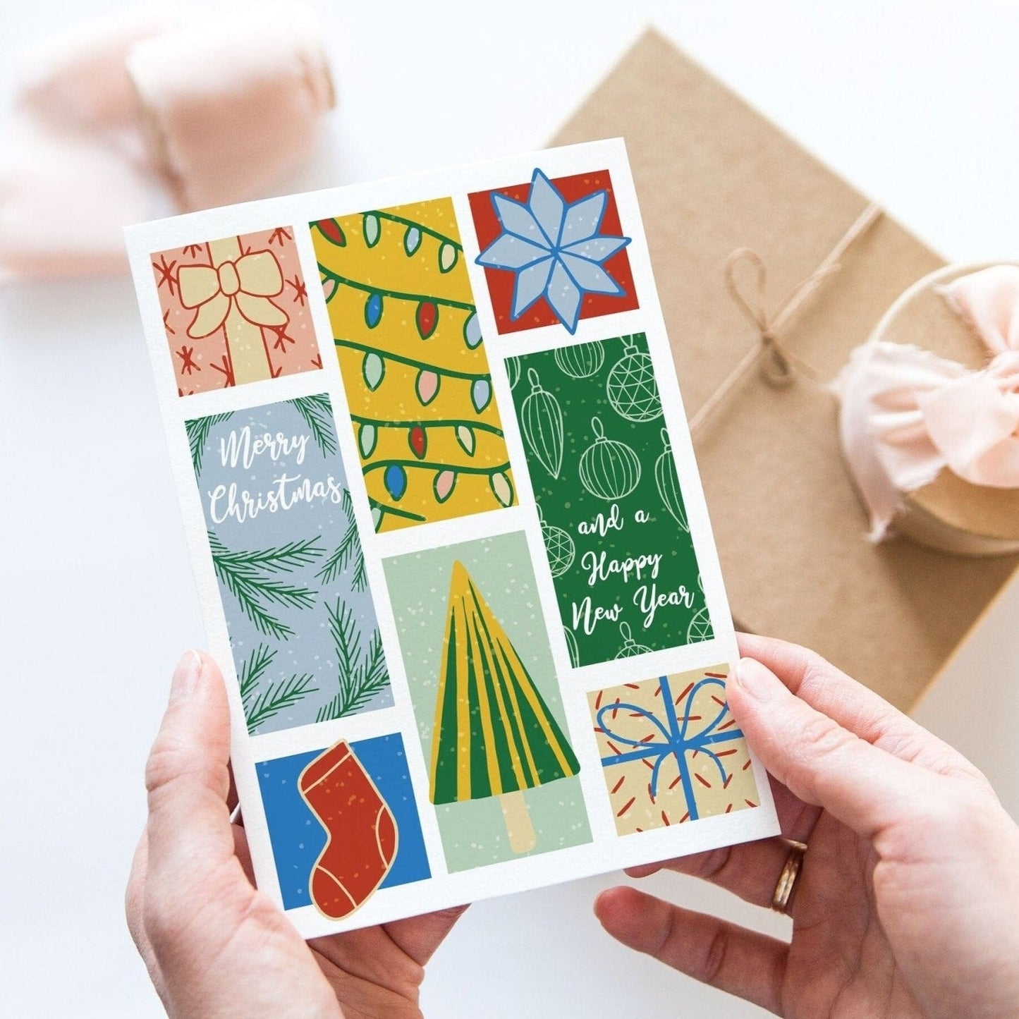 Christmas Card Pack, pack of 5 seasonal greetings cards, bright card mulit pack - Dolly and Fred Designs