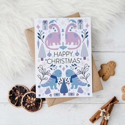 Cute Dinosaur Christmas Card A5 - Dolly and Fred Designs