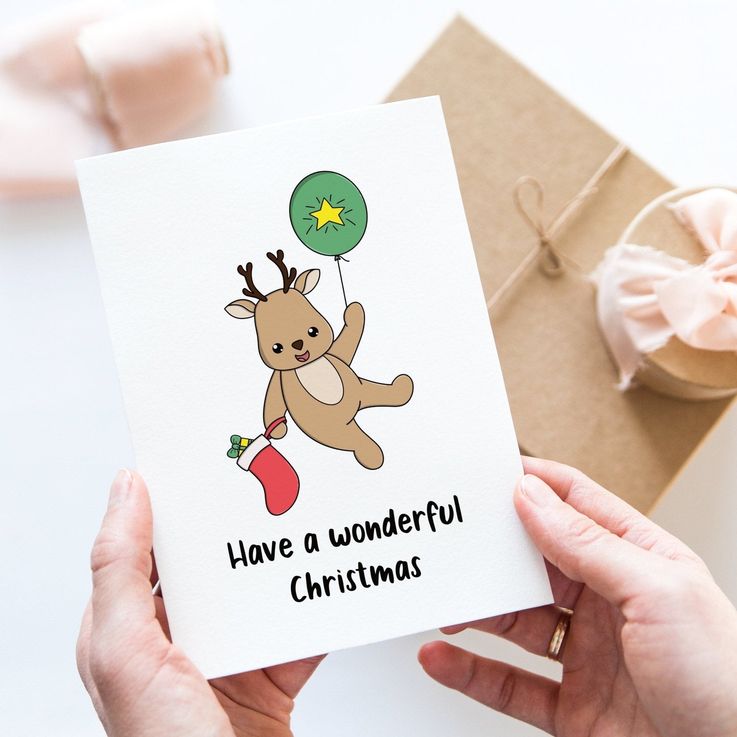 Floating reindeer christmas card - Dolly and Fred Designs