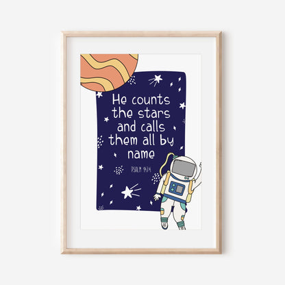 Space Bible Verse Print Set of 3, Outer space nursery prints, girls pink bedroom decor, christian wall art, counts the stars poster