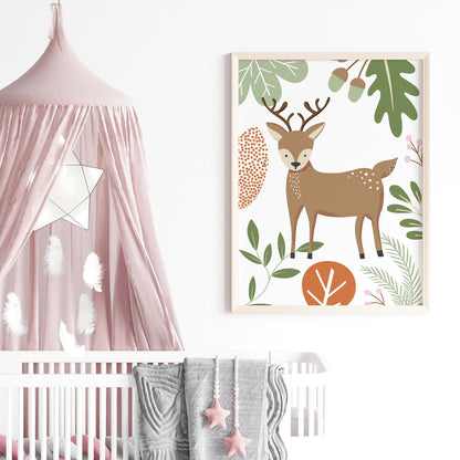 Woodland animal nursery print set for baby girl, personalised name art for toddler bedroom with bear and deer