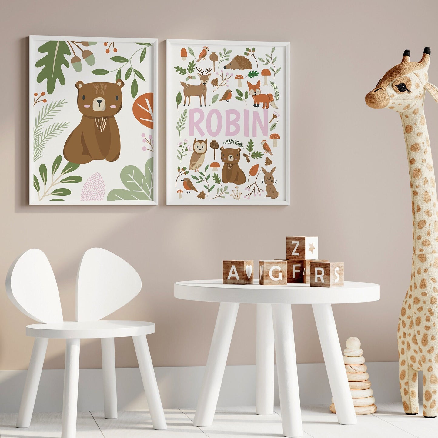 Woodland animal nursery print set for baby girl, personalised name art for toddler bedroom with bear and deer