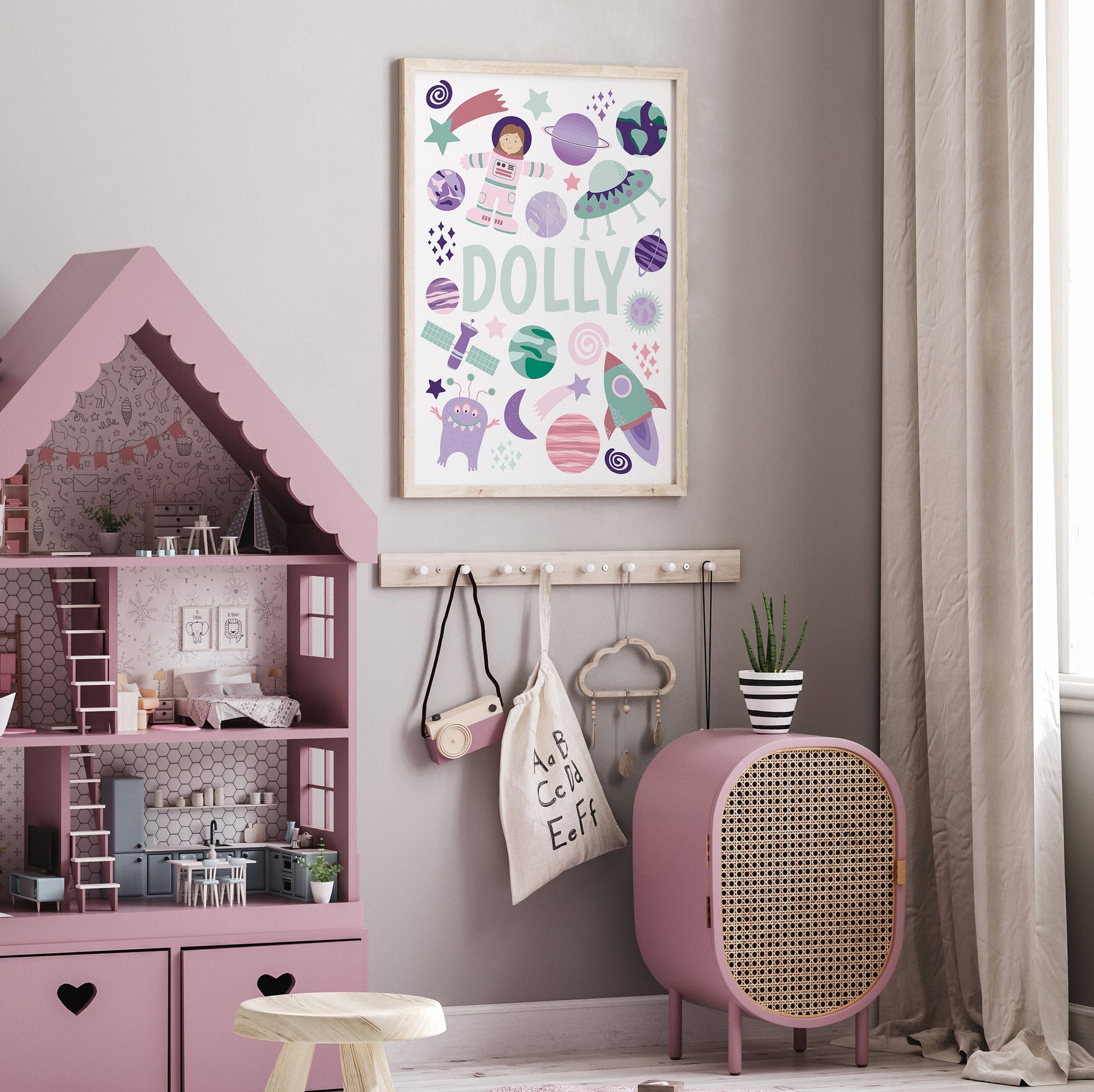 Pink Astronaut Name Nursery Print, Personalised space nursery decor, Custom kids door sign, Little girls rocket wall art, baby shower