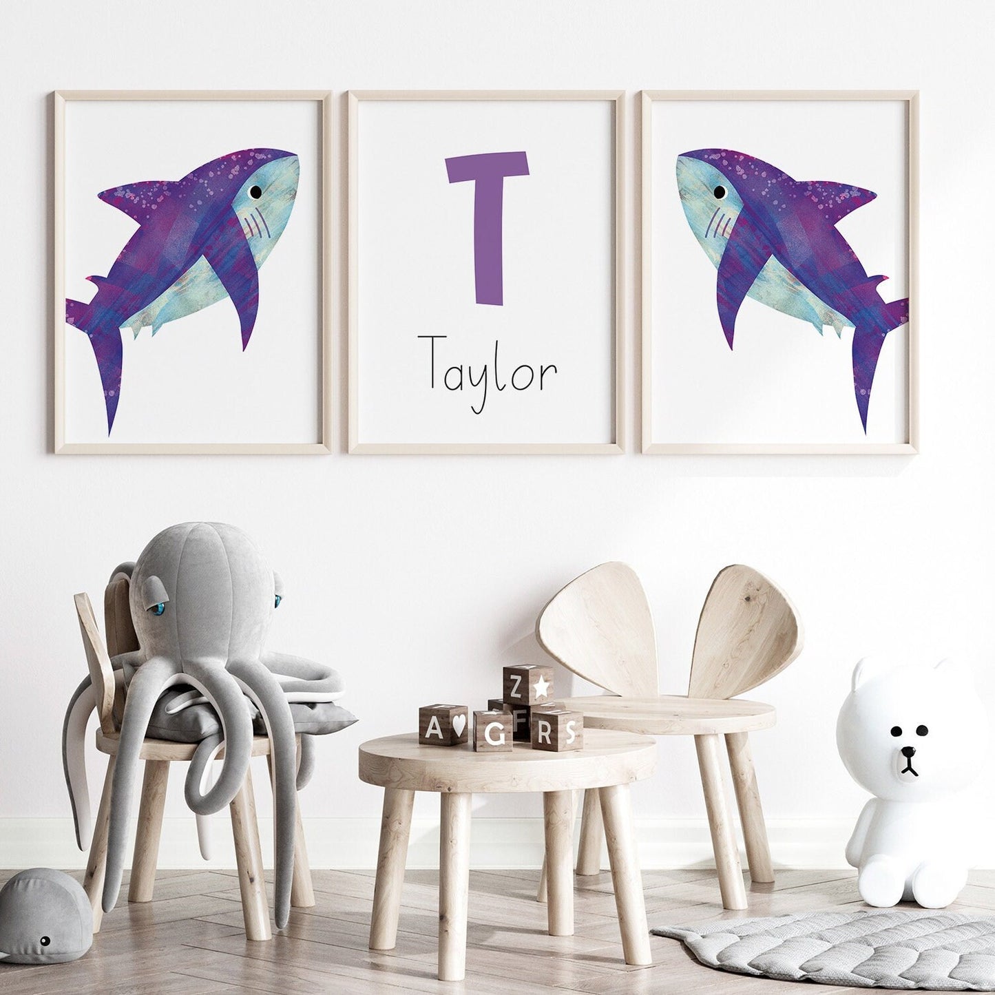 Sea animal nursery print set of 3, personalised monogram wall art for children, bright and bold gender neutral decor for kids